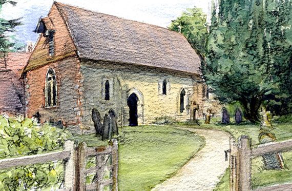 Wanborough Church watercolour painting